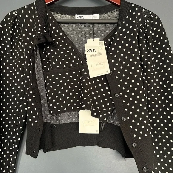NWT ZARA twin set, cropped, black and white polka dot sweater set, size small - Picture 2 of 4